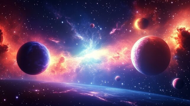 Colorful Nebula and Planets in Outer Space