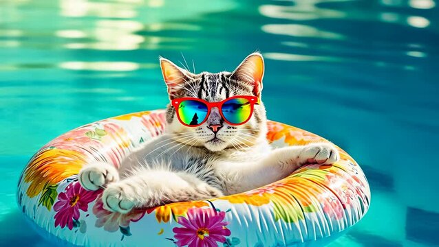 A playful tabby cat relaxes in a colorful floatie while lounging in a pool on a sunny day. It wears vibrant sunglasses, embodying a lighthearted summer vibe and carefree spirit.
