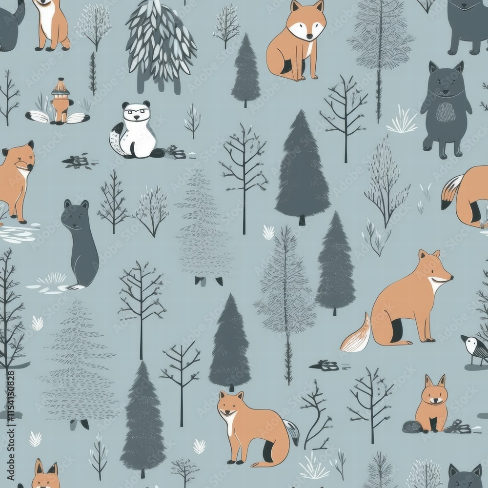 Poster forest animals in playful arrangement showcasing foxes and bears among trees in a soft color palette