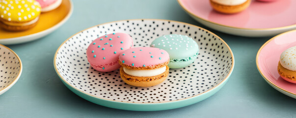 Delightful pastel macarons arranged on dotted plate, showcasing vibrant colors and playful designs. Perfect for dessert lovers and special occasions