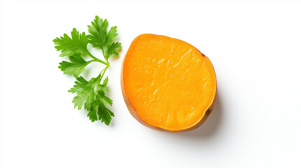 Leckeres Stück Melone mit frischem Korianderblatt auf hellem Hintergrund

