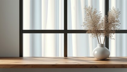 Elegant Wood Table Top Displaying White Vase with Dried Plants Against Light Curtains