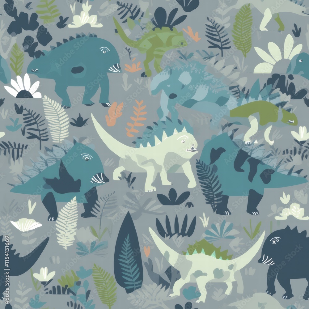 Poster colorful dinosaur patterns in a whimsical natural setting filled with leaves and flowers. generative