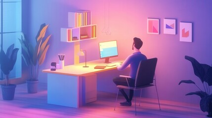 Fototapeta premium Man Working at Home Office Desk in Evening Light