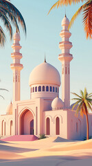 Naklejka premium digitally rendered image depicts a pristine white mosque nestled amidst sand dunes and palm trees under a clear sky The architecture is detailed showcasing Islamic design elements The scene evoke