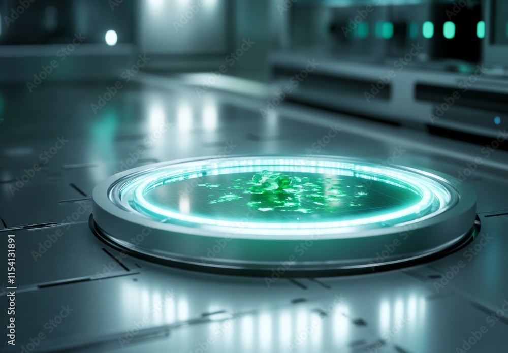 Poster futuristic circular platform displaying glowing green data in a high-tech laboratory setting at nigh