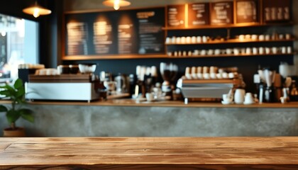 Wood table top with blurred cafe background and counter for interior design or lifestyle use