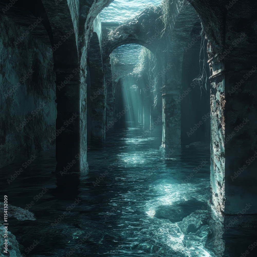 Aufkleber mysterious underwater passage illuminated by sunlight filtering through the surface showcasing ancie