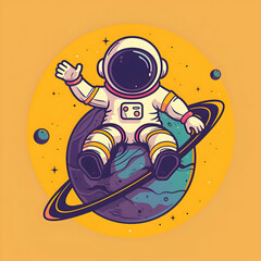 Astronaut Sitting on a Planet with Rings. Space Illustration