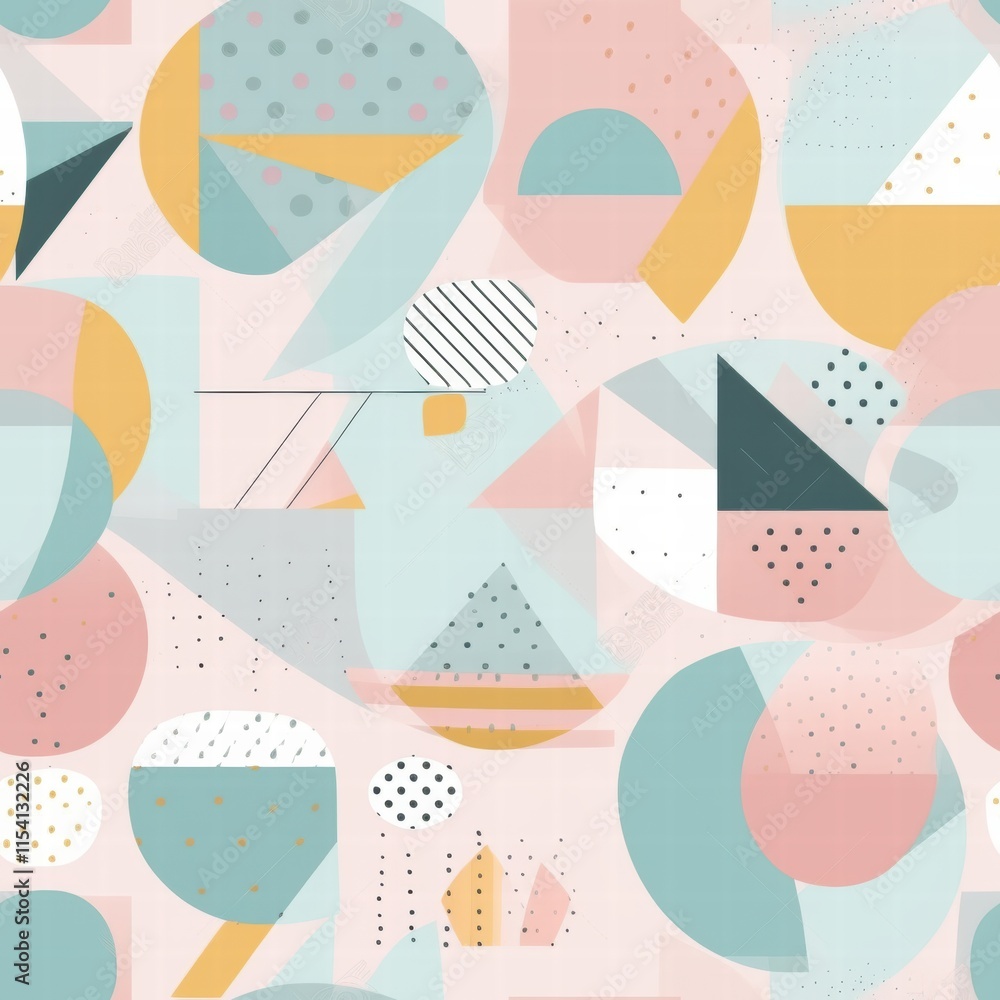 Poster abstract geometric pattern featuring pastel colors and various shapes in a modern artistic design. g