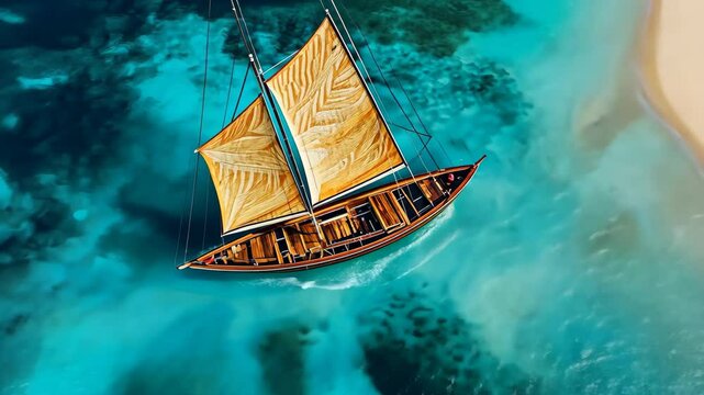 Tonga boat sailing through turquoise waters near Hawaiian island captured from above, Beautiful tonga boat near Hawaiian island drone shot