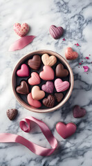 A bowl of assorted heart-shaped chocolates on a marble surface, perfect for gifting.