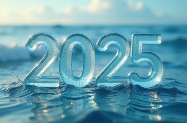 Numbers 2025 of transparent ice on the waves of the ocean. 