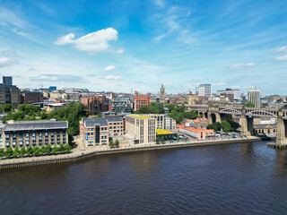 Central Newcastle City from River Tyne at Northern England United Kingdom. July 19th, 2024, High Angle Drone's Camera Footage Was Captured from Medium High Altitude.