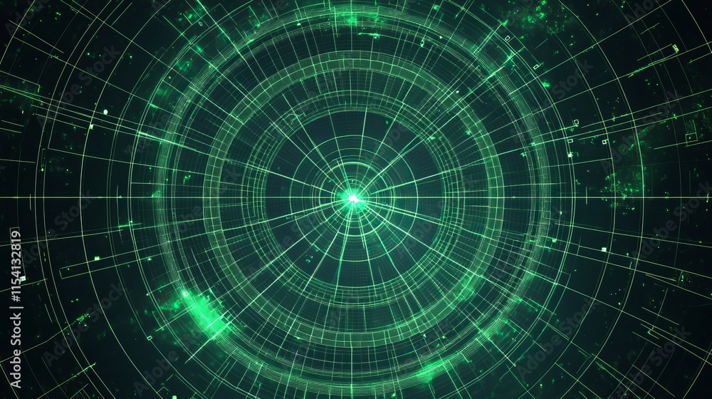 Poster exploring the intricate geometric patterns of a green digital radar display against a dark cosmic ba