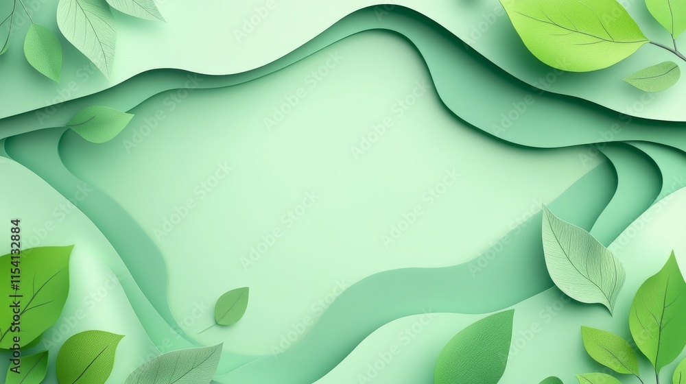 Poster soft green layers with leaves create a soothing abstract background for design projects in a fresh n