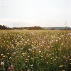 Fototapeta premium Wildflower Field Blooming Under the Soft Sunlight in a Serene Countryside Landscape During Early Summer