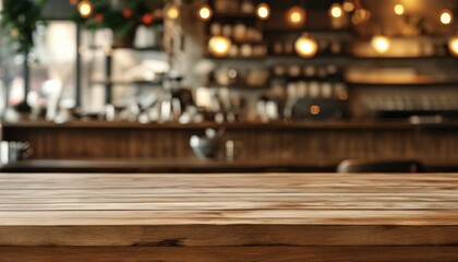 Rustic Wood Texture Tabletop in Upscale Cafe Setting with Warm Ambient Lighting