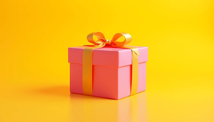 Fototapeta premium A pink gift box adorned with a yellow ribbon, set against a bright yellow background, generative ai