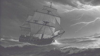 Fototapeta premium Sail Ship Braving a Wild Stormy Sea at Night A Dramatic Tale of Adventure and Survival Amid Raging Waves
