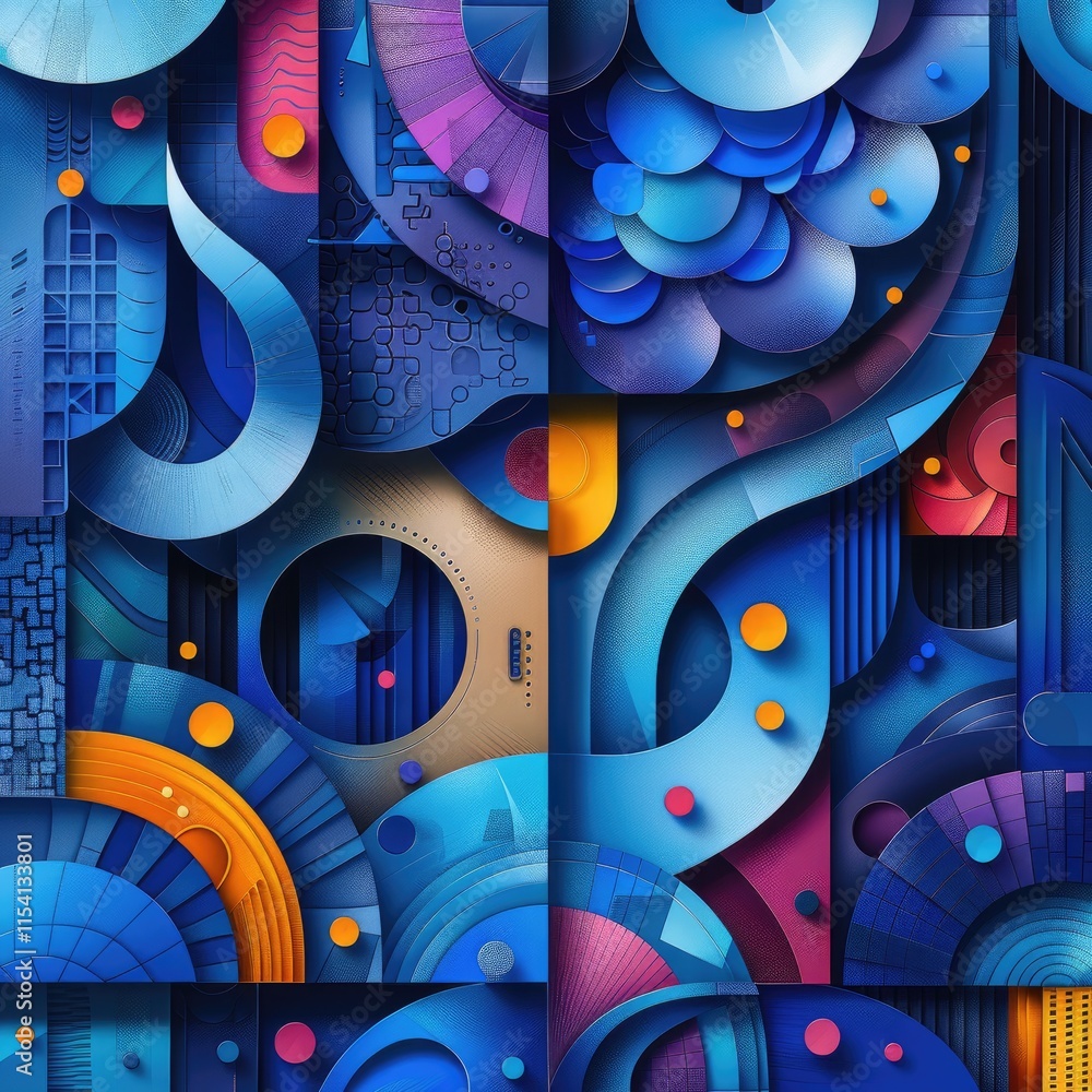 Poster a vibrant abstract composition featuring geometric shapes and dynamic patterns in blue tones.