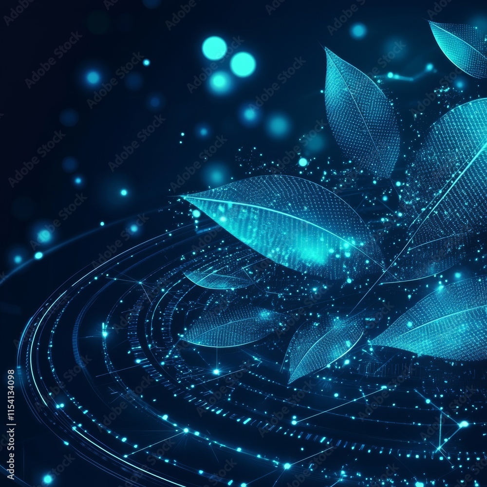 Aufkleber digital leaves with glowing particles against a dark background create a futuristic ambiance in this