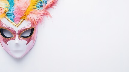 Colorful mask adorned with vibrant feathers, showcasing intricat