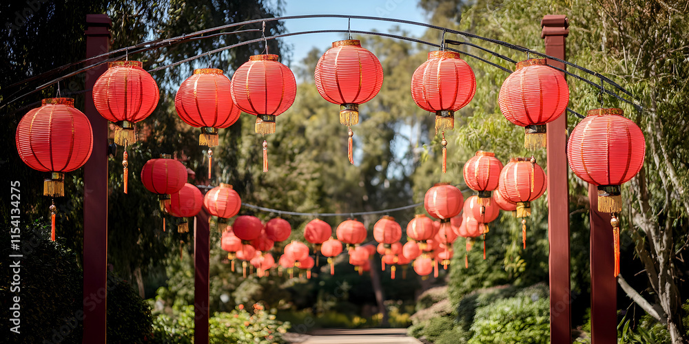 Poster red lanterns illuminate a path through a lush green garden, creating a warm and inviting atmosphere.