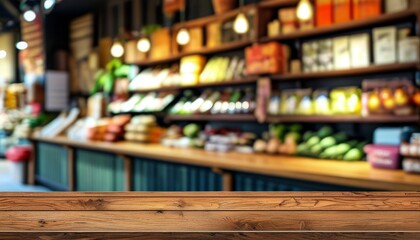 Upscale Wooden Texture Countertop for Food Display in Modern Market Setting
