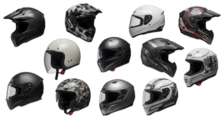 set Variety of stylish motorcycle helmets on display isolated on transparent background cut out
