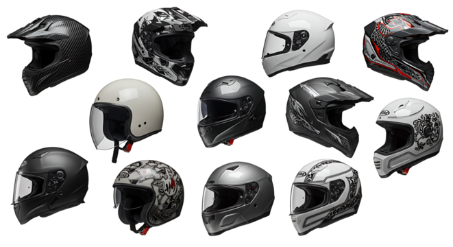 set Variety of stylish motorcycle helmets on display isolated on transparent background cut out
