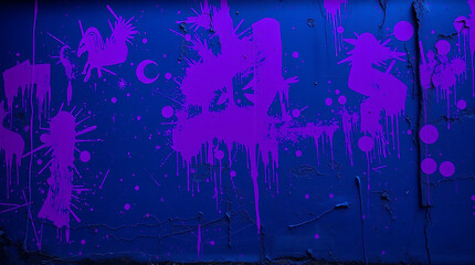 Surreal grunge wall with deep ultraviolet and purple hues, textured relief, and fantastical splattered paint elements