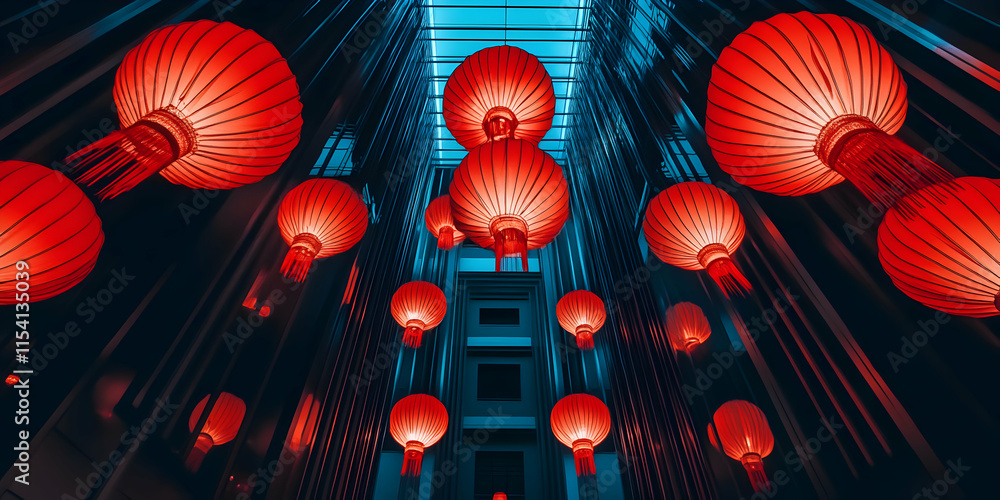 Poster red lanterns in the city: a captivating image showcasing a cluster of red lanterns suspended from a 