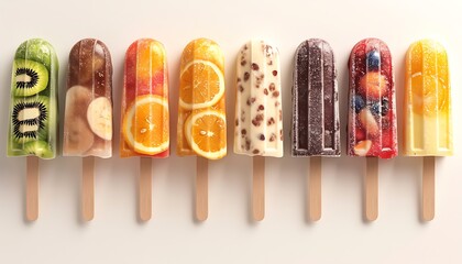 A lineup of creative popsicles featuring various flavors like kiwi, chocolate, orange, and mixed fruits. Perfect for a cool and tasty indulgence.