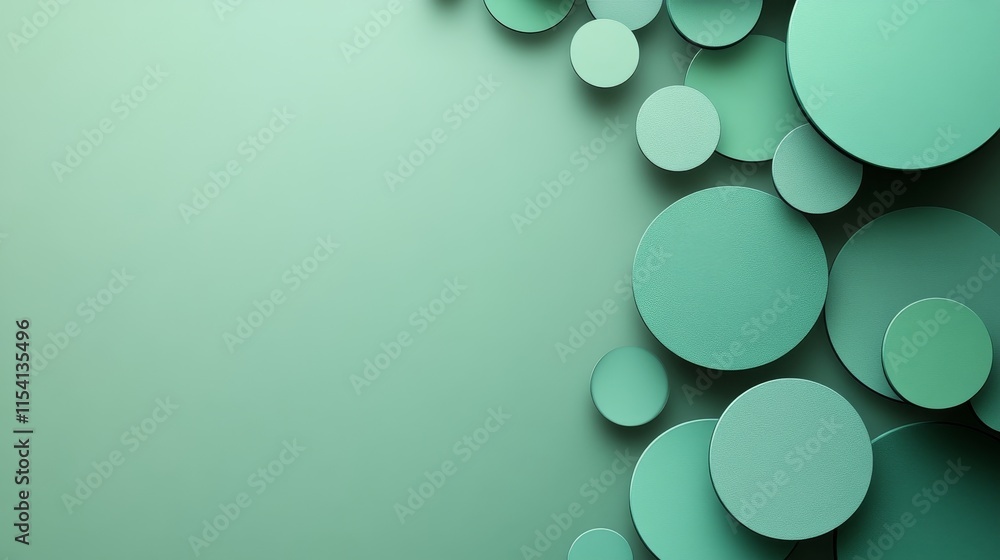 Poster decorative arrangement of green circular shapes on a light green background creating a modern and mi