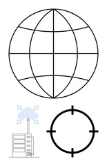 Large globe, server with cloud, crosshair symbol. Ideal for technology, global connectivity, cloud computing, data management, target marketing precision internet infrastructure. Line metaphor