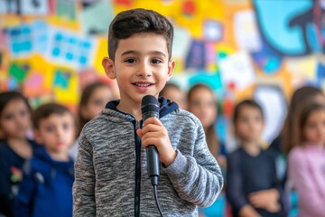 Cute boy holding microphone on stage, dressed as a snowman