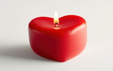 A single red heart-shaped candle glowing brightly, isolated on a clean white background