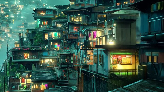 Futuristic favela city glowing under night sky with vibrant lights and misty atmosphere, Futuristic city favela dystopia night