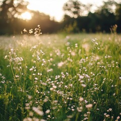 Fototapeta premium Sunset Illuminates a Meadow Filled With Delicate Wildflowers in a Tranquil Landscape During Warm Summer Evening