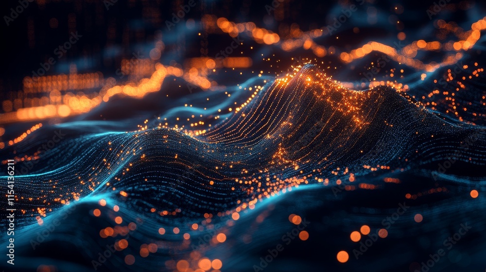 Poster intricate digital landscape featuring glowing waves and data patterns in a dark background, showcasi