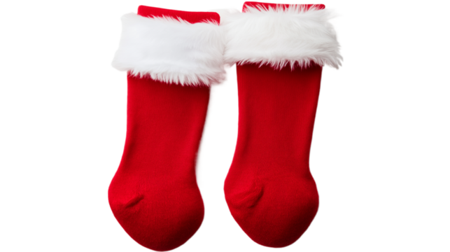 A pair of santa claus bright red socks with white fluffy cuffs.
