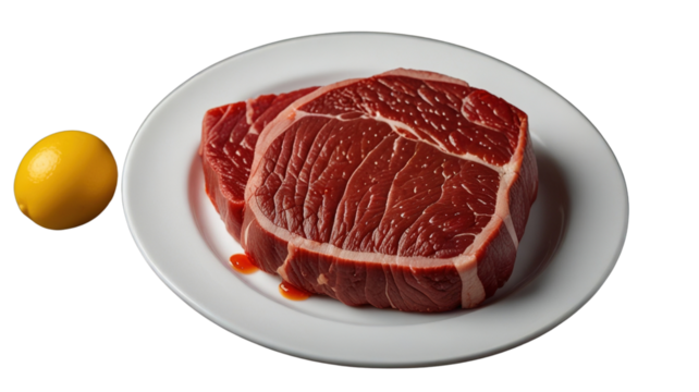 Raw Beef Steak with Fat on White Plate, Isolated