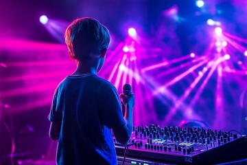 Cute boy holding microphone on stage, dressed as a snowman