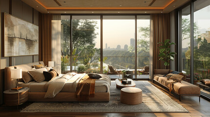 Fototapeta premium A luxurious beige-themed bedroom with a spacious layout, large floor-to-ceiling windows overlooking lush greenery and a distant cityscape, elegant furniture, and warm lighting.