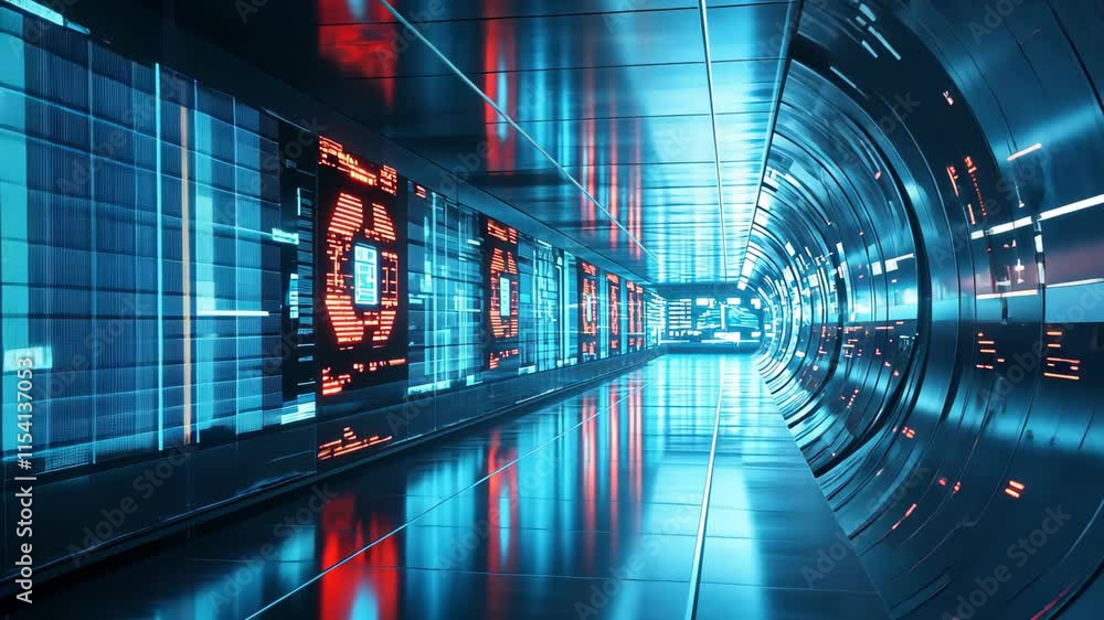 Aufkleber futuristic corridor illuminated by glowing digital displays in a sci fi inspired environment, futuri