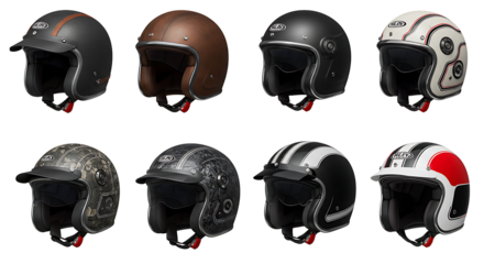 set Variety of stylish motorcycle helmets on display isolated on transparent background cut out
