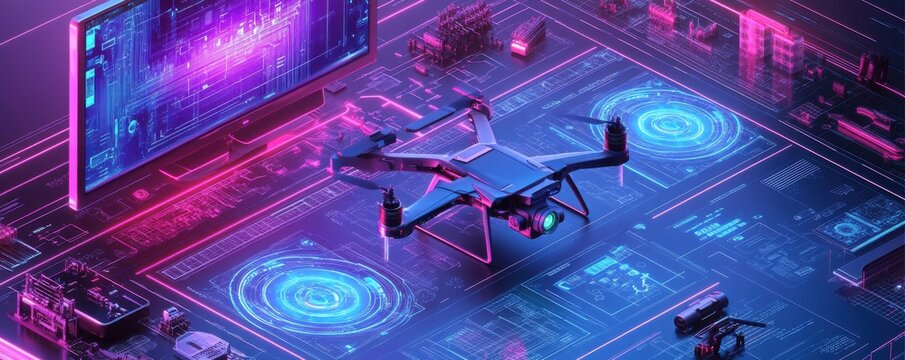 Advanced drone hovering over blueprint with holographic screen in a futuristic setting
