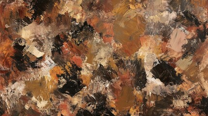 A chaotic pattern of overlapping brushstrokes in earthy tones on a textured canvas.