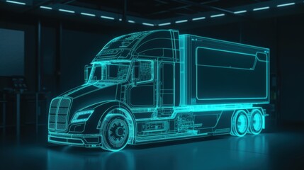 3D holographic visualization of an electric semi truck in a futuristic garage